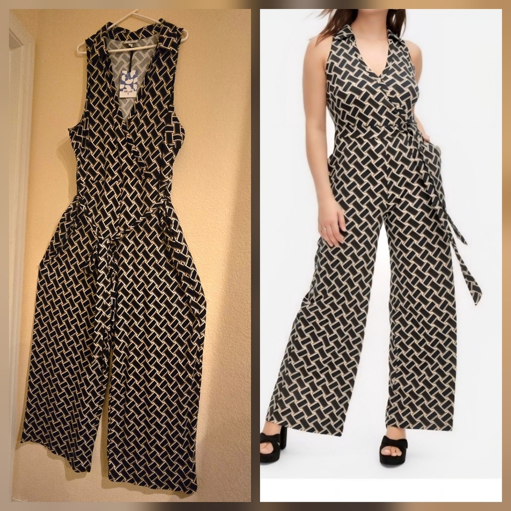 NWT DIANE VON FURSTENBERG BLACK & WHITE GEOMETRIC SLEEVELESS JUMPSUIT- 4X